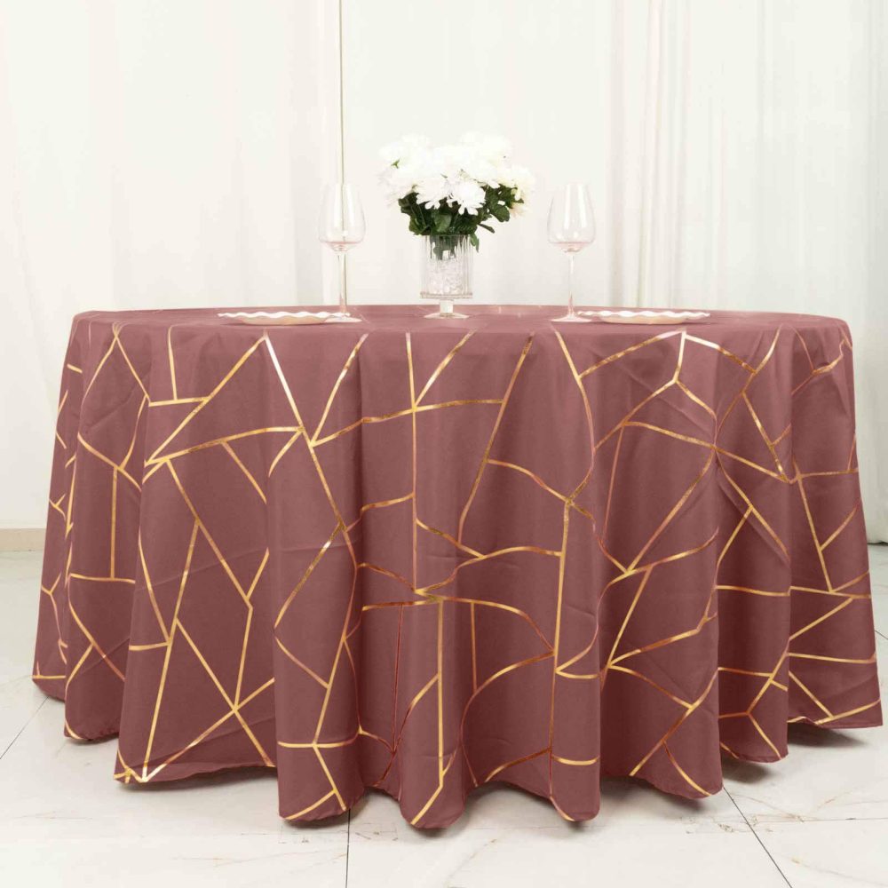 Cinnamon Rose Seamless Round Polyester Tablecloth With Gold Foil Geometric Pattern 120″ for 5 Foot Table With Floor-Length Drop  |   Polyester Polyester Cinnamon Rose