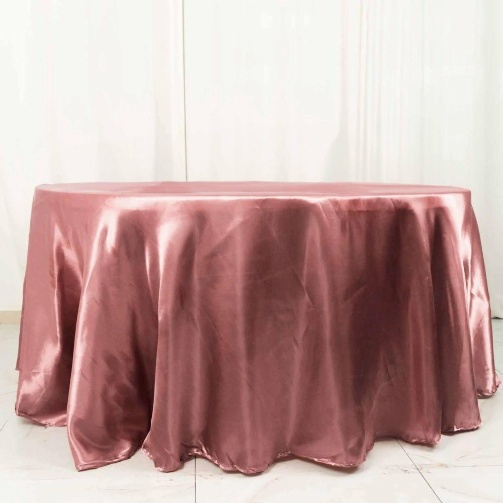 Cinnamon Rose Seamless Satin Round Tablecloth 120″ for 5 Foot Table With Floor-Length Drop  |   Satin Satin Cinnamon Rose