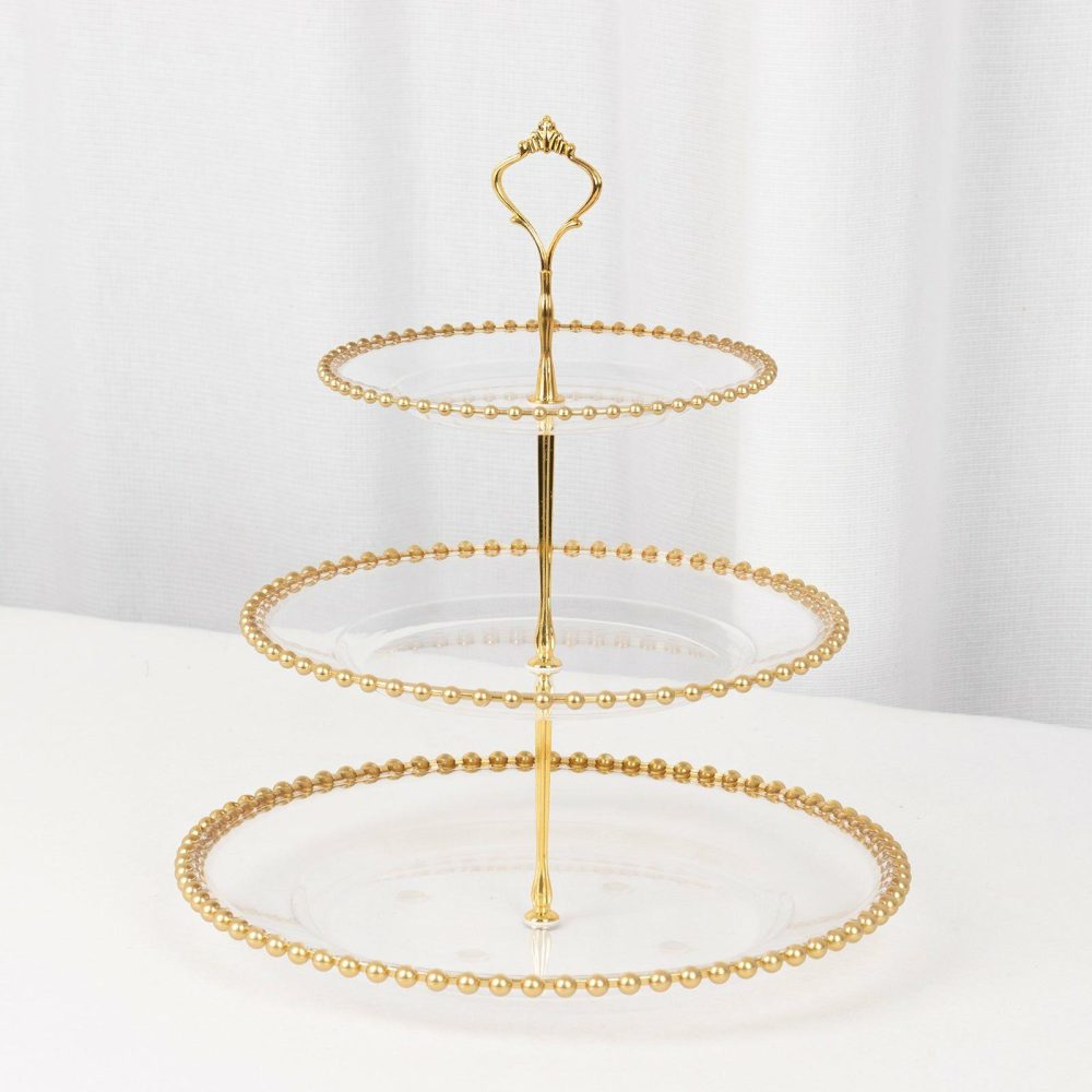 Clear 3-Tier Round Plastic Cupcake Tower Stand with Gold Beaded Rim, Dessert Display Tea Party Serving Platter With Top Handle – 14″ Tall  |   Servingwares Disposable Plates Servingwares