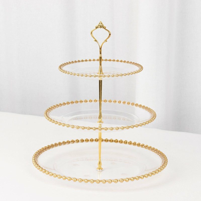 Clear 3-Tier Round Plastic Cupcake Tower Stand with Gold Beaded Rim, Dessert Display Tea Party Serving Platter With Top Handle – 14″ Tall  |   Servingwares Disposable Plates Servingwares