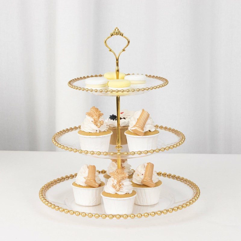 Clear 3-Tier Round Plastic Cupcake Tower Stand with Gold Beaded Rim, Dessert Display Tea Party Serving Platter With Top Handle – 14″ Tall  |   Servingwares Disposable Plates Servingwares