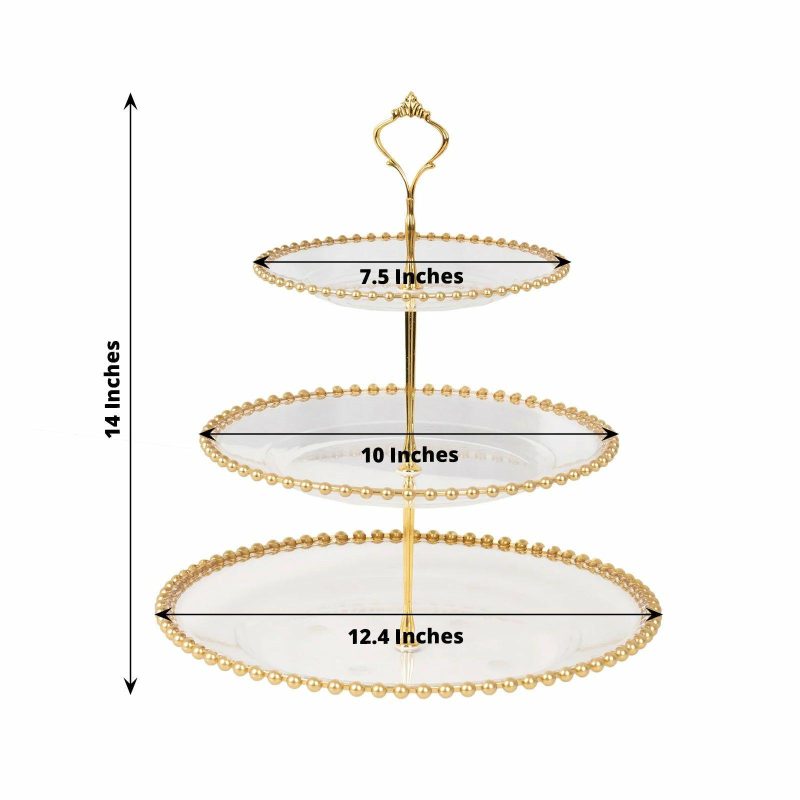 Clear 3-Tier Round Plastic Cupcake Tower Stand with Gold Beaded Rim, Dessert Display Tea Party Serving Platter With Top Handle – 14″ Tall  |   Servingwares Disposable Plates Servingwares