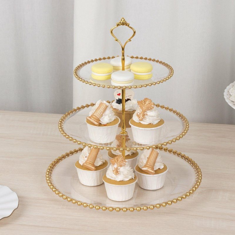 Clear 3-Tier Round Plastic Cupcake Tower Stand with Gold Beaded Rim, Dessert Display Tea Party Serving Platter With Top Handle – 14″ Tall  |   Servingwares Disposable Plates Servingwares