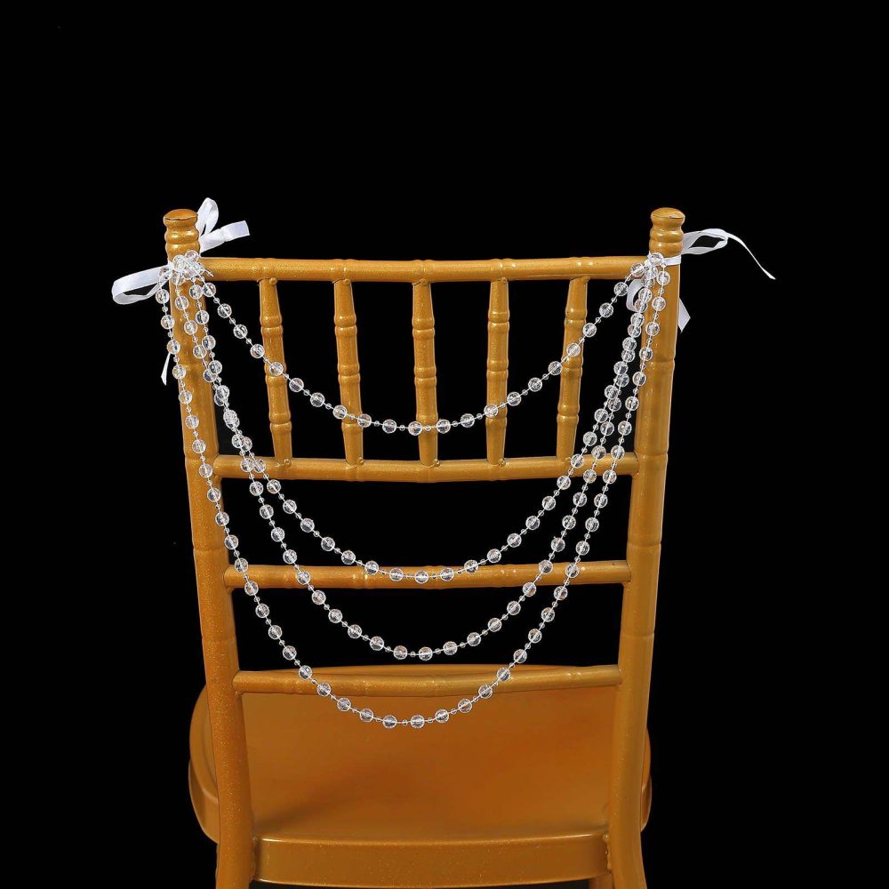 Clear Gatsby Faux Pearl Beaded Wedding Chair Back Garland Sash, Pre-Tied Pearl String Chiavari Chair Decor 16″  |   Stylish Chair Sashes Clear