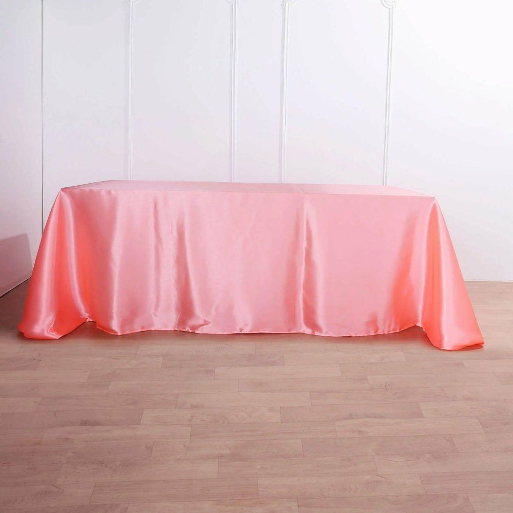 Coral Red Satin Seamless Rectangular Tablecloth 90″x132″ for 6 Foot Table With Floor-Length Drop – Clearance SALE  |   Satin Satin Coral