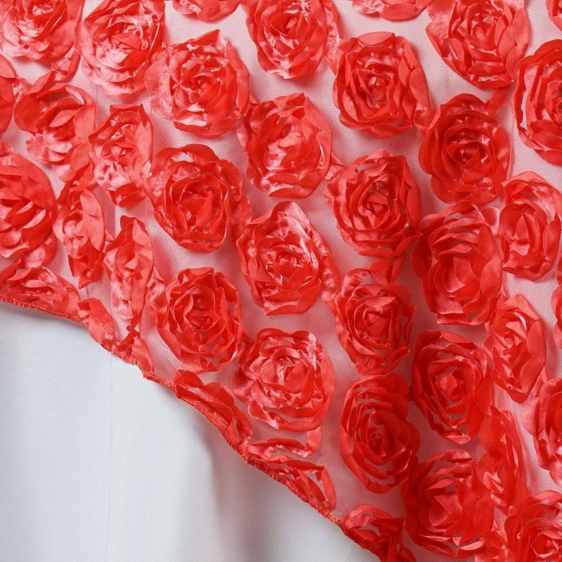 Coral Satin 3D Rosette Lace Square Table Overlay 72″x72″  |   Satin & Taffeta Satin & Taffeta Coral