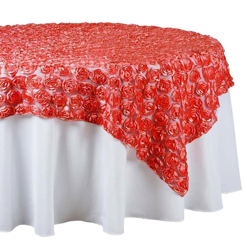 Coral Satin 3D Rosette Lace Square Table Overlay 72″x72″  |   Satin & Taffeta Satin & Taffeta Coral