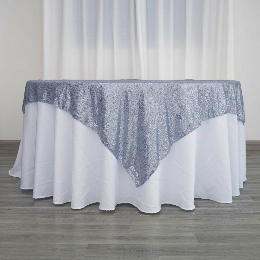 Duchess Sequin Tablecloth Overlay, Square Table Overlay – Dusty Blue 60″x60″  |   Sequin Sequin Dusty Blue