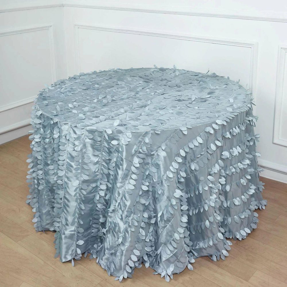 Dusty Blue 3D Leaf Petal Taffeta Fabric Seamless Round Tablecloth 120″ for 5 Foot Table With Floor-Length Drop  |   Pintuck, Crinkle & Leaf Pintuck, Crinkle & Leaf Dusty Blue