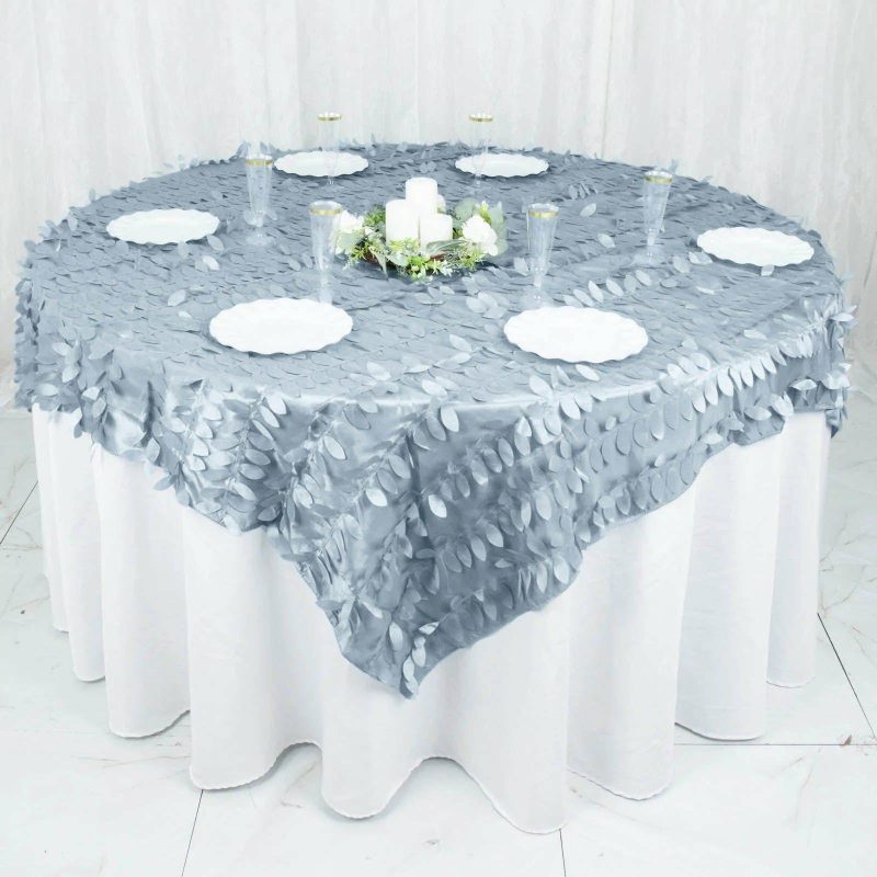 Dusty Blue 3D Leaf Petal Taffeta Fabric Table Overlay 72″x72″  |   Satin & Taffeta Satin & Taffeta Dusty Blue