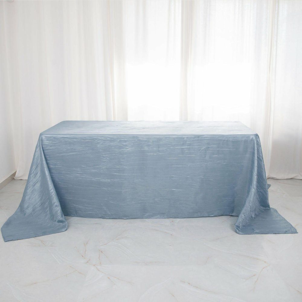 Dusty Blue Accordion Crinkle Taffeta Seamless Rectangular Tablecloth 90″x132″ for 6 Foot Table With Floor-Length Drop  |   Pintuck, Crinkle & Leaf Pintuck, Crinkle & Leaf Dusty Blue