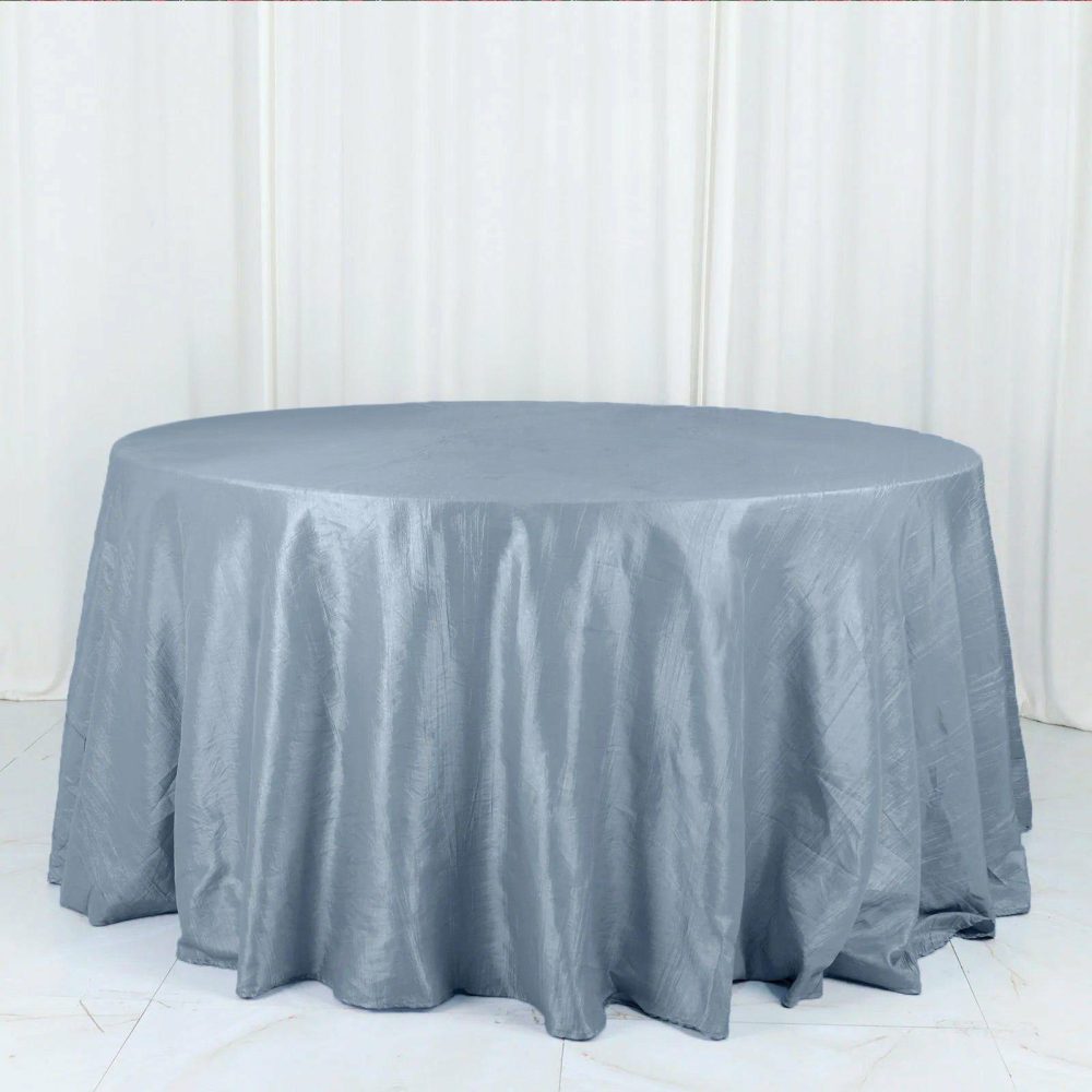 Dusty Blue Accordion Crinkle Taffeta Seamless Round Tablecloth 132″ for 6 Foot Table With Floor-Length Drop  |   Pintuck, Crinkle & Leaf Pintuck, Crinkle & Leaf Dusty Blue