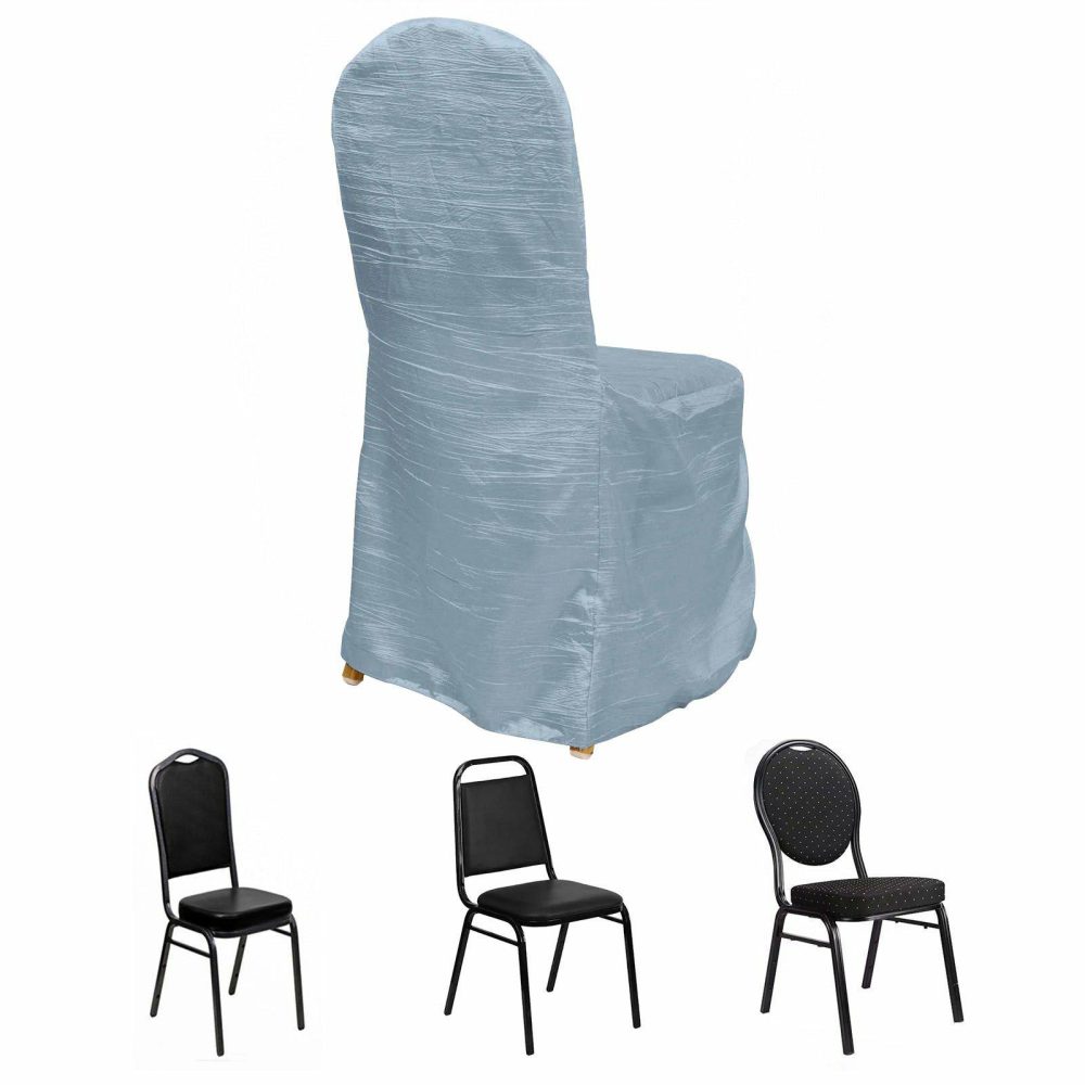 Dusty Blue Crinkle Crushed Taffeta Banquet Chair Cover, Reusable Wedding Chair Cover  |   Polyester & Satin Banquet Chair Covers Dusty Blue