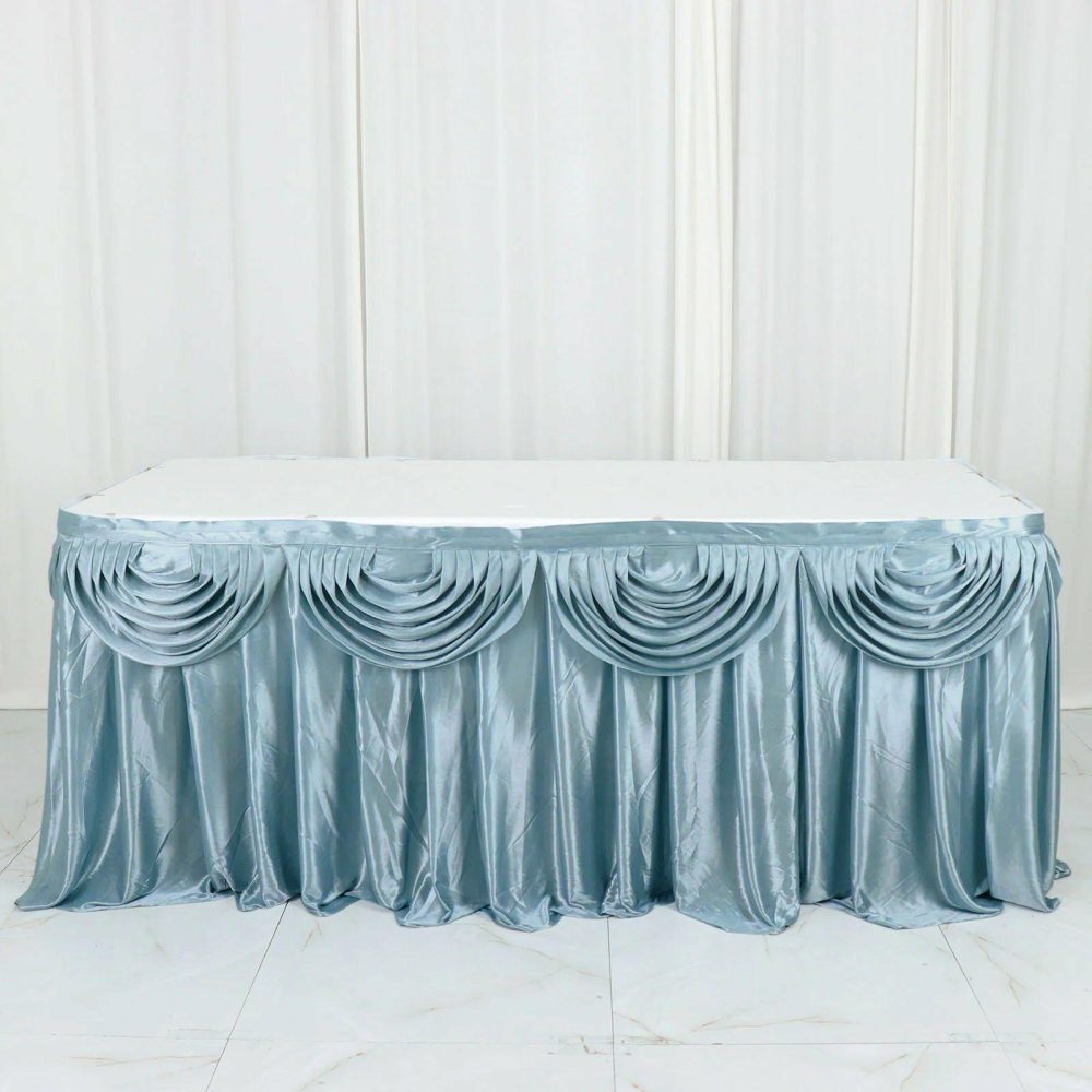 Dusty Blue Pleated Satin Double Drape Table Skirt 14ft  |   Satin Shimmer Satin Shimmer Dusty Blue