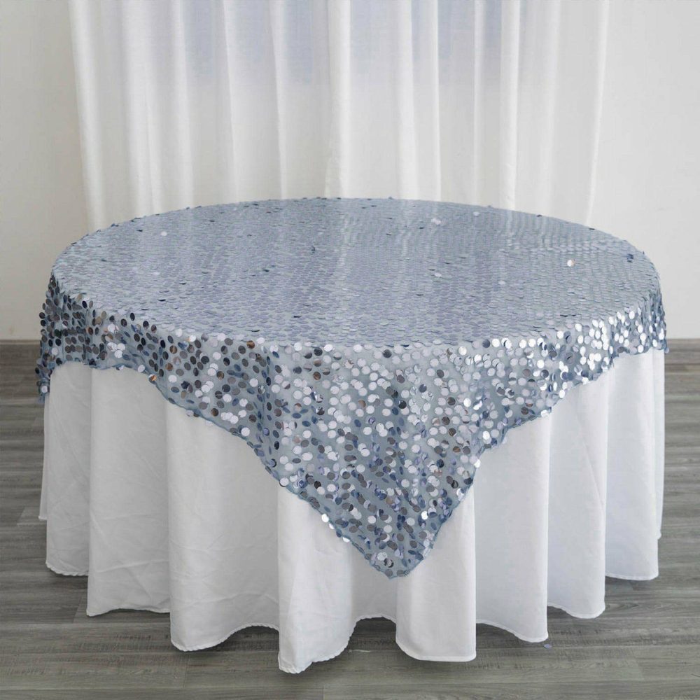 Dusty Blue Premium Big Payette Sequin Square Table Overlay 72″x72″  |   Sequin Sequin Dusty Blue