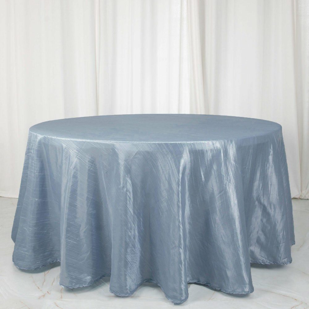 Dusty Blue Seamless Accordion Crinkle Taffeta Round Tablecloth 120″ for 5 Foot Table With Floor-Length Drop  |   Pintuck, Crinkle & Leaf Pintuck, Crinkle & Leaf Dusty Blue