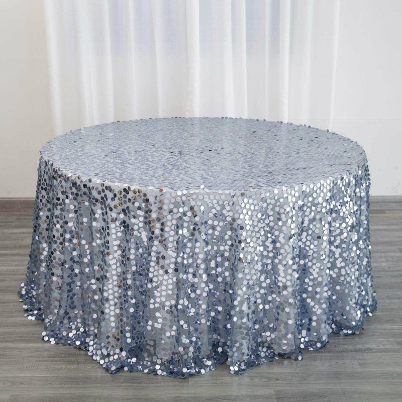 Dusty Blue Seamless Big Payette Sequin Round Tablecloth Premium Collection 120″ for 5 Foot Table With Floor-Length Drop  |   Sequin Sequin Dusty Blue