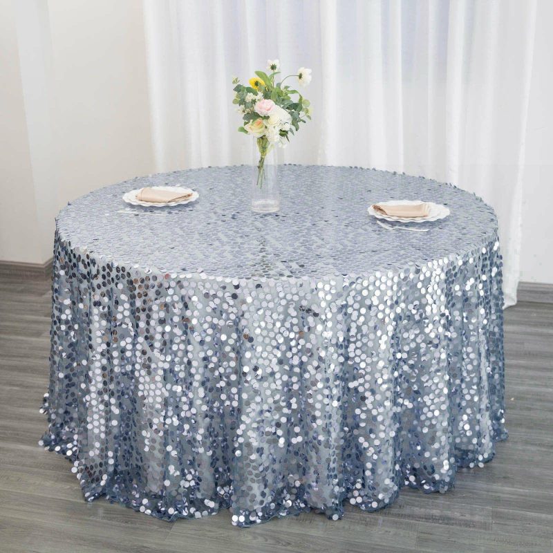 Dusty Blue Seamless Big Payette Sequin Round Tablecloth Premium Collection 120″ for 5 Foot Table With Floor-Length Drop  |   Sequin Sequin Dusty Blue