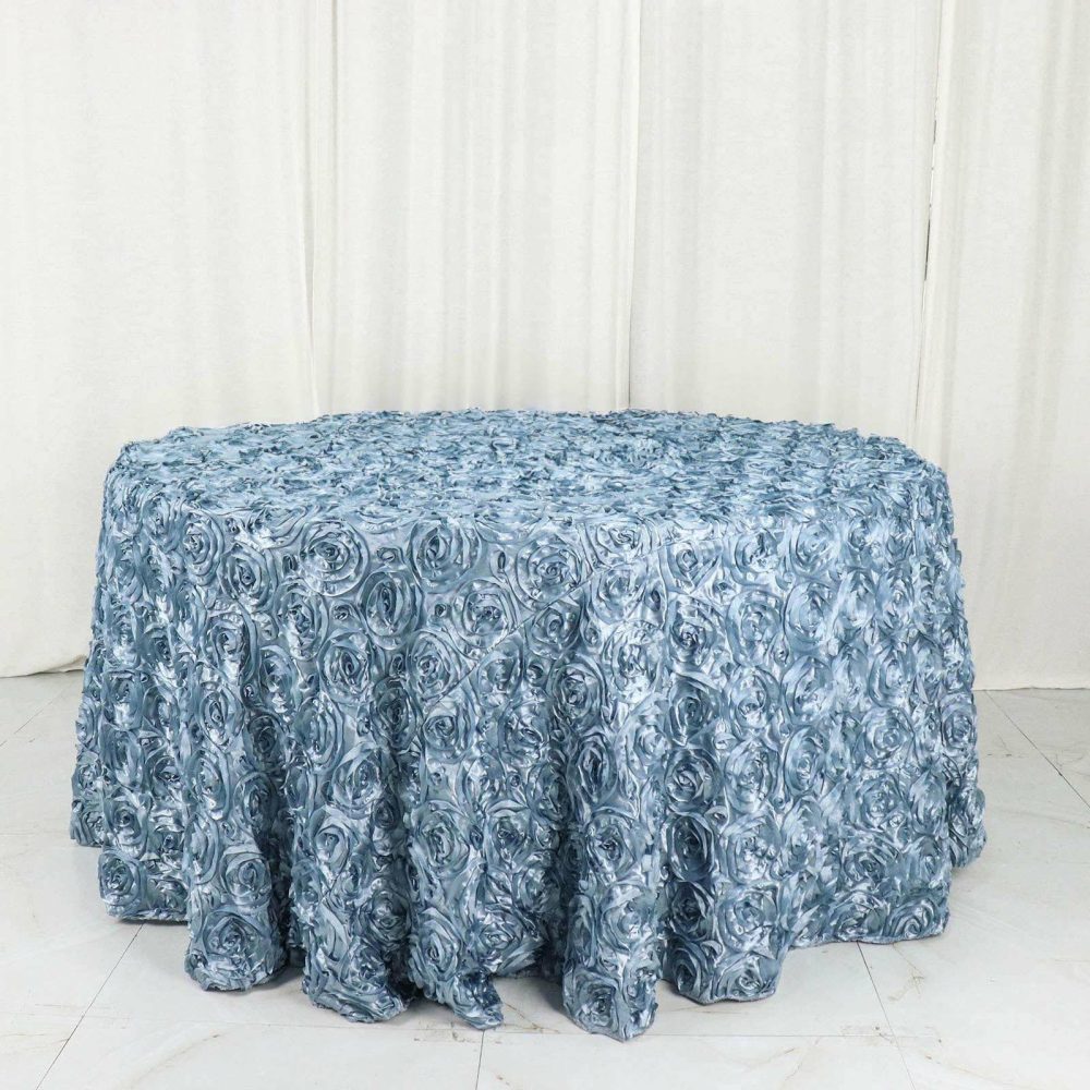 Dusty Blue Seamless Grandiose 3D Rosette Satin Round Tablecloth 120″ for 5 Foot Table With Floor-Length Drop  |   Rosette Rosette Dusty Blue