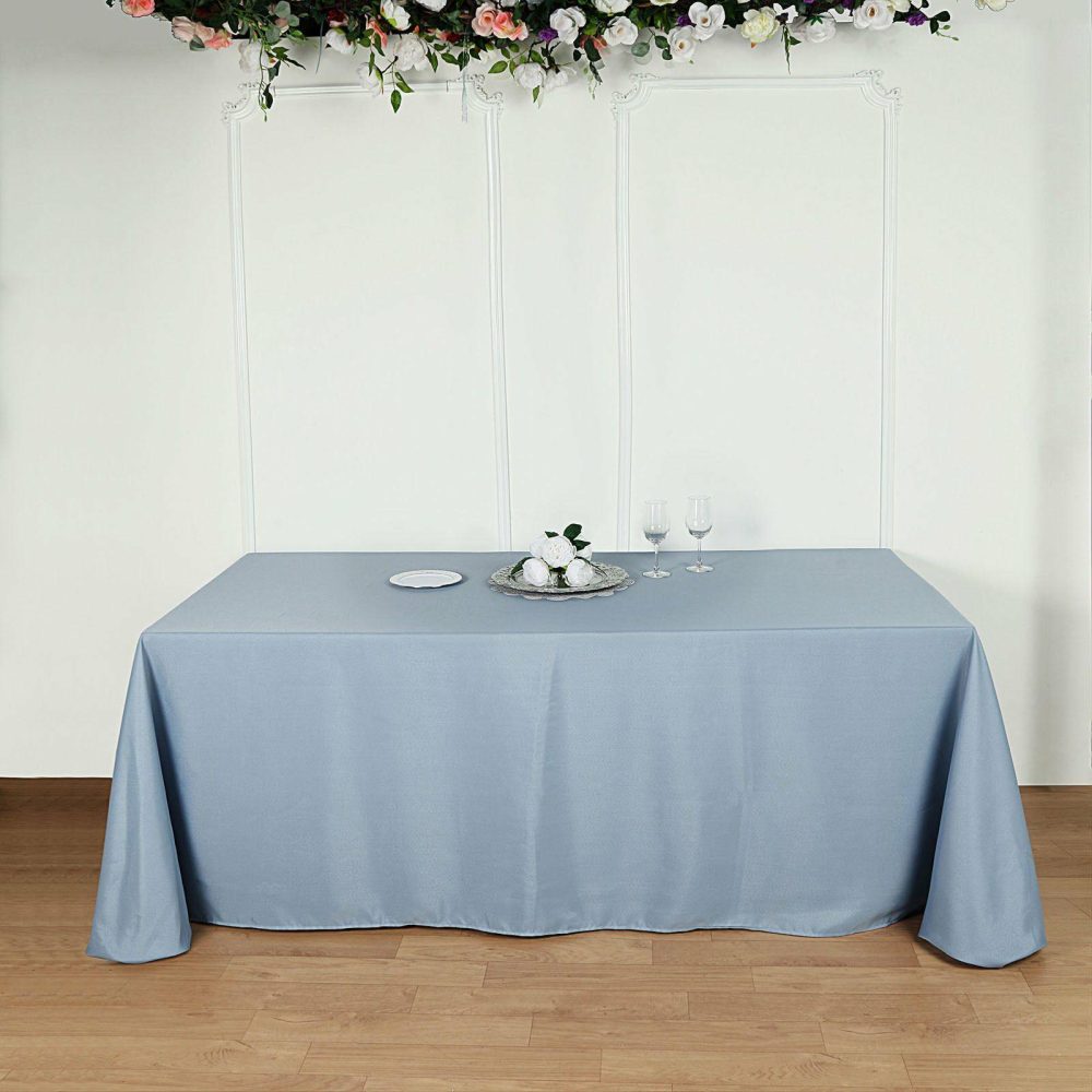 Dusty Blue Seamless Polyester Rectangular Tablecloth 90″x132″ for 6 Foot Table With Floor-Length Drop  |   Polyester Polyester Dusty Blue