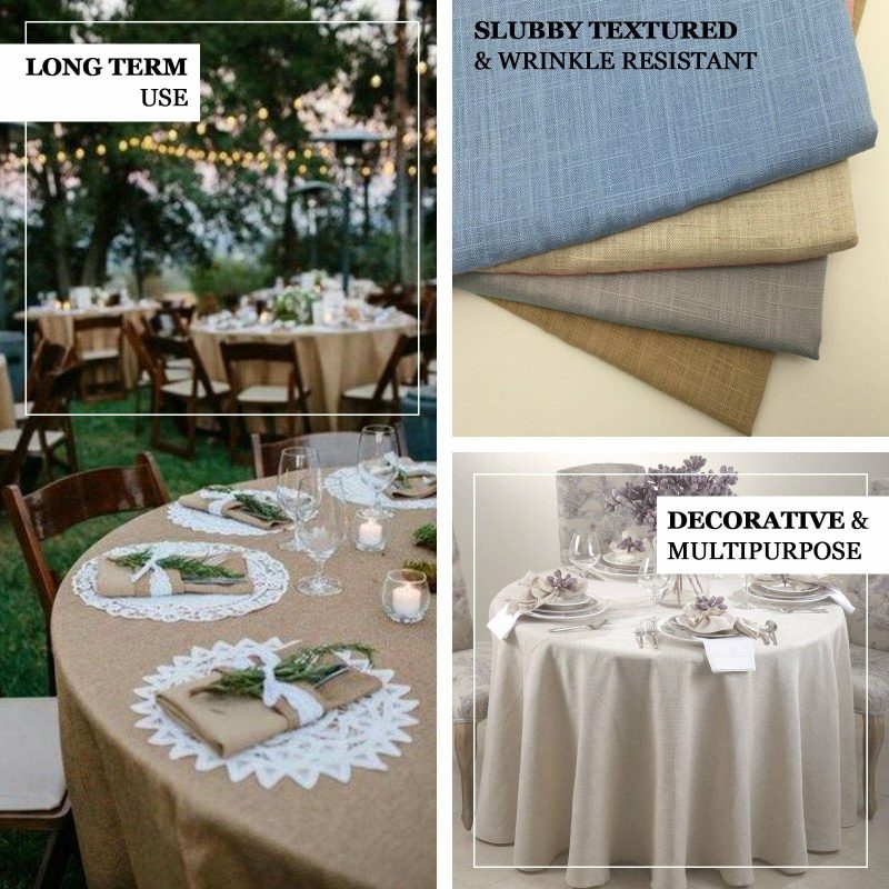 Dusty Blue Seamless Round Tablecloth, Linen Table Cloth With Slubby Textured, Wrinkle Resistant 120″ for 5 Foot Table With Floor-Length Drop  |   Jute Burlap & Lace Jute Burlap & Lace Dusty Blue