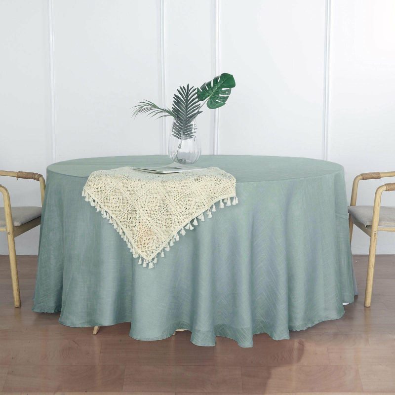 Dusty Blue Seamless Round Tablecloth, Linen Table Cloth With Slubby Textured, Wrinkle Resistant 120″ for 5 Foot Table With Floor-Length Drop  |   Jute Burlap & Lace Jute Burlap & Lace Dusty Blue