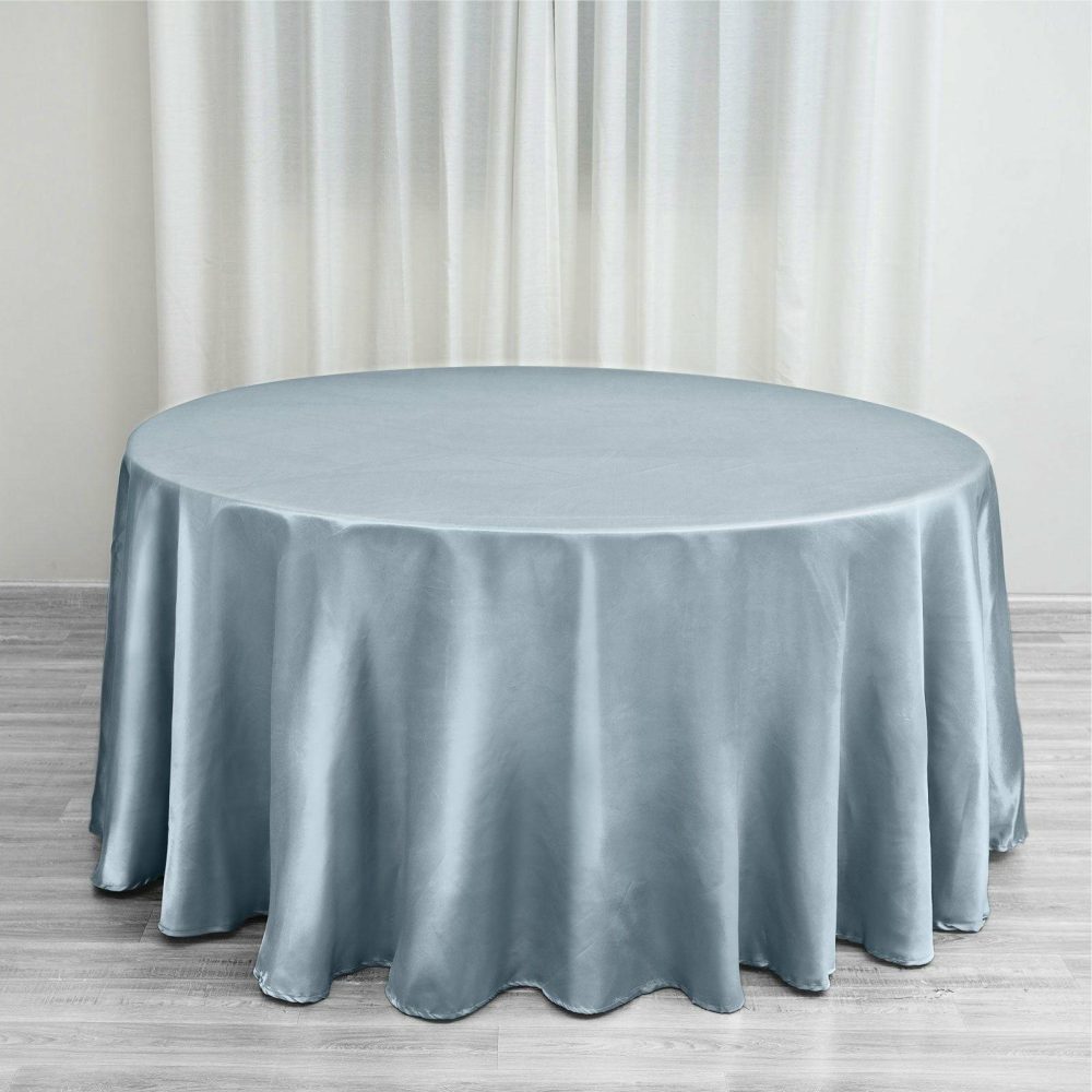 Dusty Blue Seamless Satin Round Tablecloth 120″ for 5 Foot Table With Floor-Length Drop  |   Satin Satin Dusty Blue