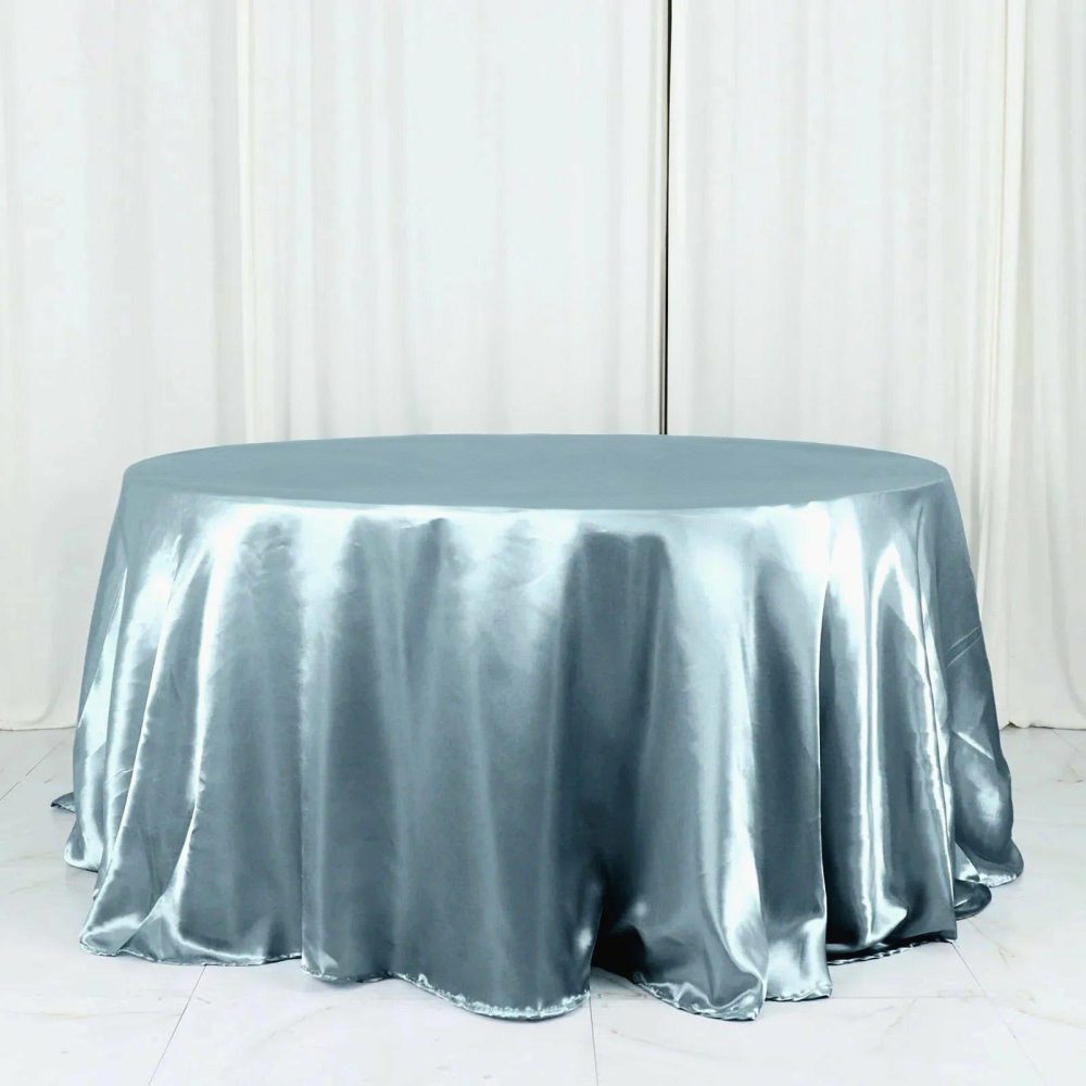 Dusty Blue Seamless Satin Round Tablecloth 132″ for 6 Foot Table With Floor-Length Drop  |   Satin Satin Dusty Blue