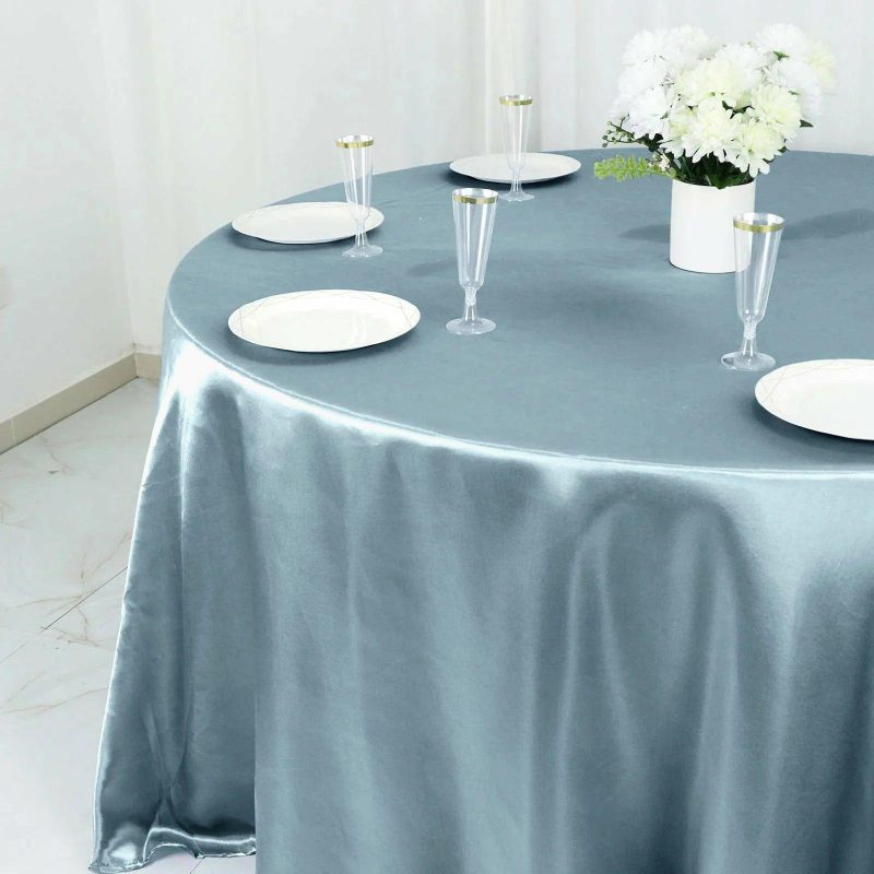 Dusty Blue Seamless Satin Round Tablecloth 132″ for 6 Foot Table With Floor-Length Drop  |   Satin Satin Dusty Blue