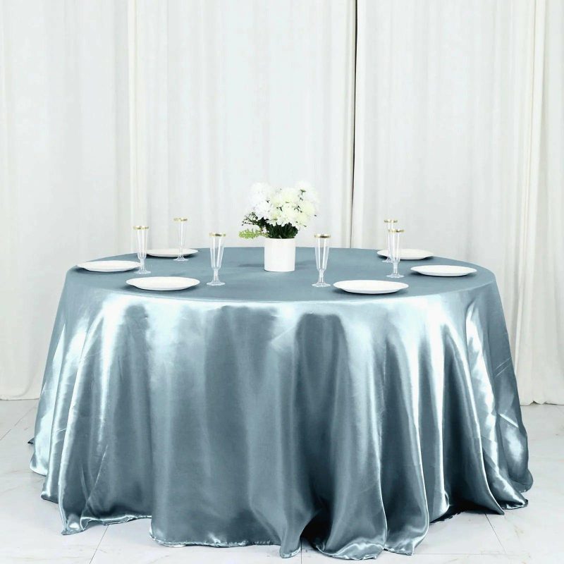 Dusty Blue Seamless Satin Round Tablecloth 132″ for 6 Foot Table With Floor-Length Drop  |   Satin Satin Dusty Blue