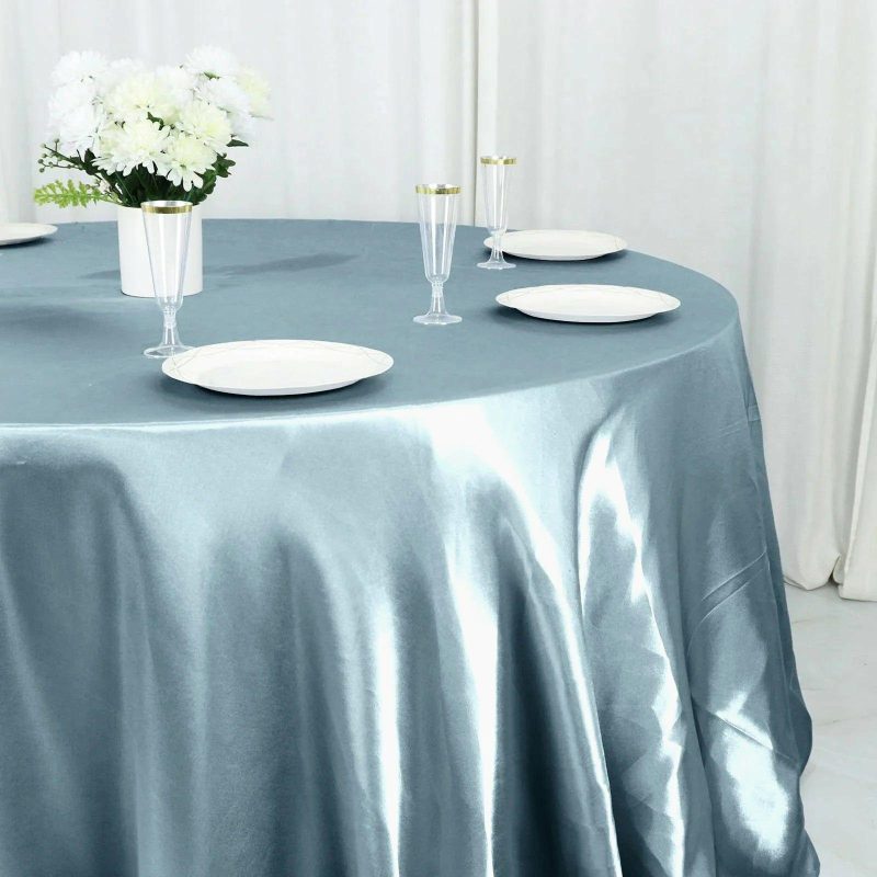 Dusty Blue Seamless Satin Round Tablecloth 132″ for 6 Foot Table With Floor-Length Drop  |   Satin Satin Dusty Blue