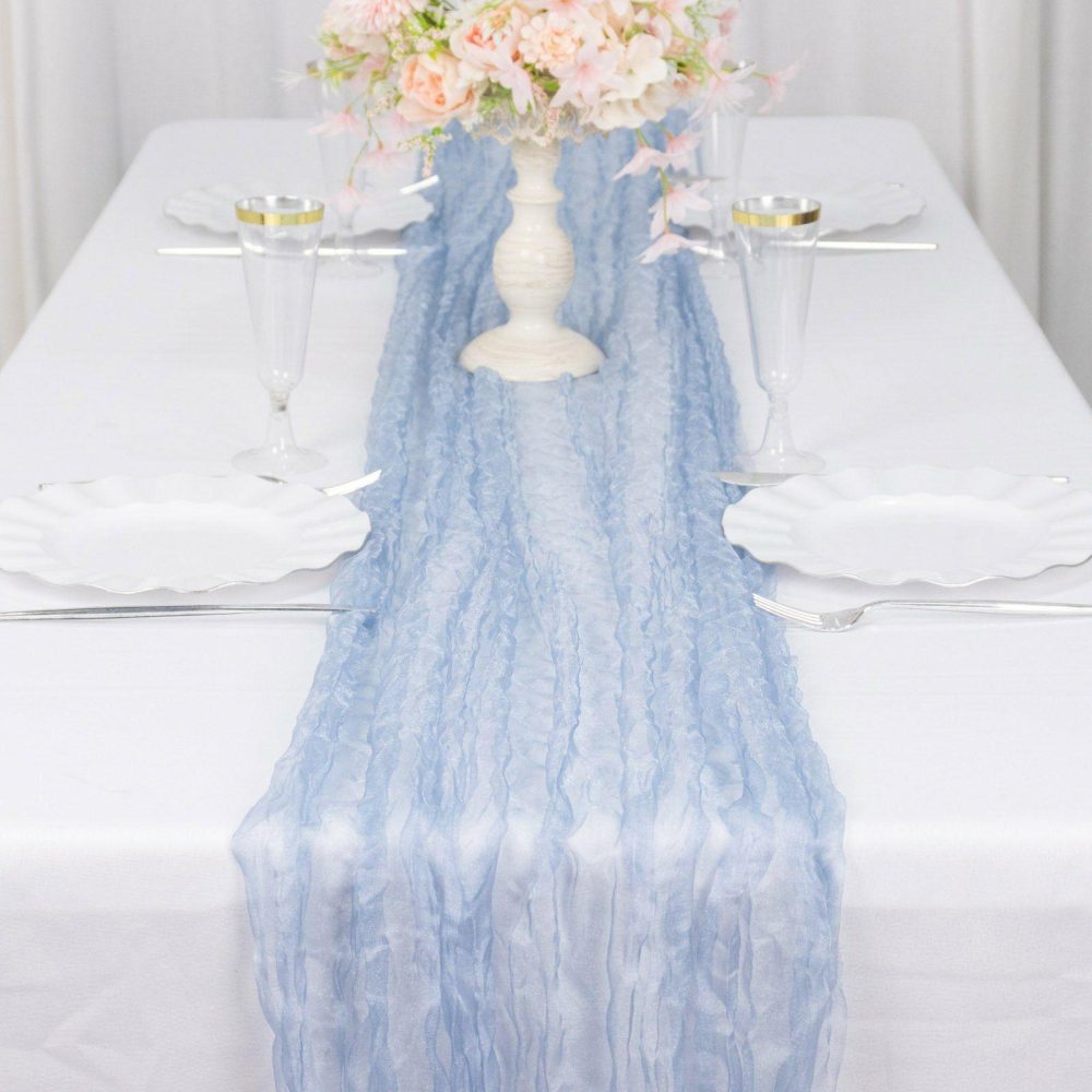 Dusty Blue Sheer Crinkled Organza Table Runner, Premium Shimmer Chiffon Layered Table Runner 9ft  |   Organza & Chiffon Organza & Chiffon Dusty Blue