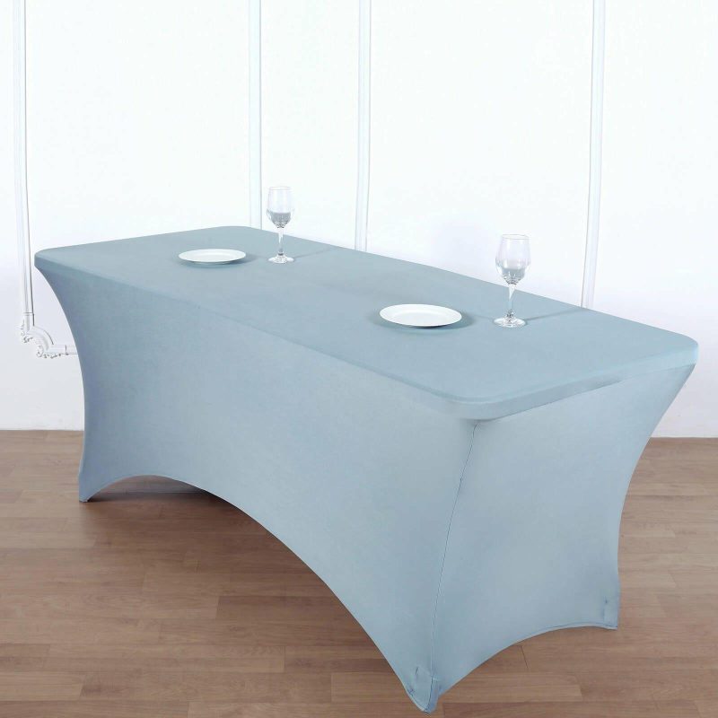 Dusty Blue Stretch Spandex Rectangle Tablecloth 8ft Wrinkle Free Fitted Table Cover for 96″x30″ Tables  |   Spandex & Fitted Spandex & Fitted Dusty Blue