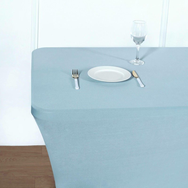 Dusty Blue Stretch Spandex Rectangle Tablecloth 8ft Wrinkle Free Fitted Table Cover for 96″x30″ Tables  |   Spandex & Fitted Spandex & Fitted Dusty Blue