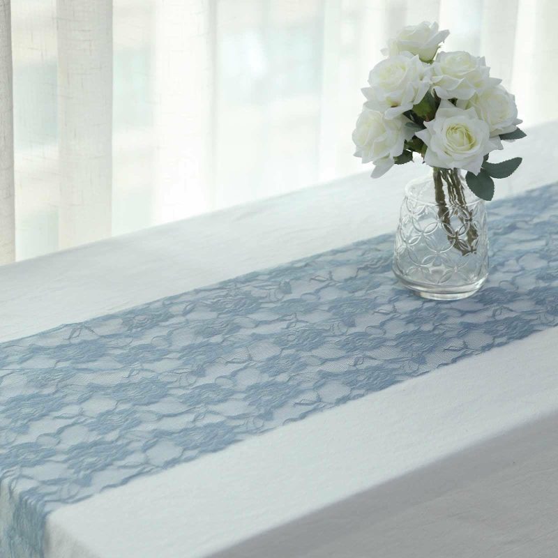 Dusty Blue Vintage Rose Flower Lace Table Runner 12″x108″  |   Jute Burlap & Lace Jute Burlap & Lace Dusty Blue