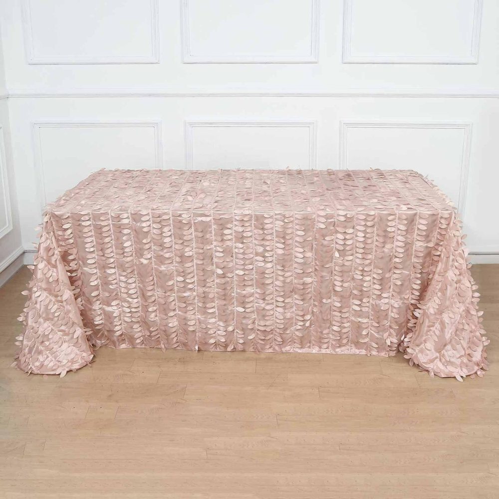 Dusty Rose 3D Leaf Petal Taffeta Fabric Seamless Rectangle Tablecloth 90″x132″ for 6 Foot Table With Floor-Length Drop  |   Pintuck, Crinkle & Leaf Pintuck, Crinkle & Leaf Dusty rose