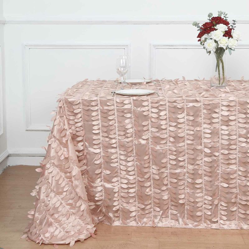 Dusty Rose 3D Leaf Petal Taffeta Fabric Seamless Rectangle Tablecloth 90″x132″ for 6 Foot Table With Floor-Length Drop  |   Pintuck, Crinkle & Leaf Pintuck, Crinkle & Leaf Dusty rose