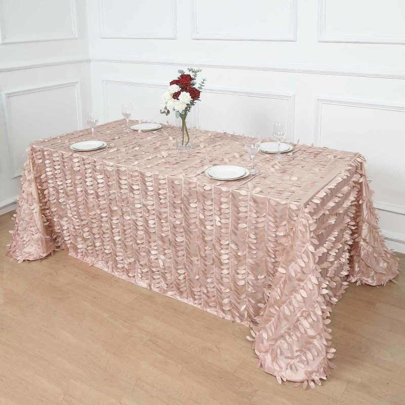 Dusty Rose 3D Leaf Petal Taffeta Fabric Seamless Rectangle Tablecloth 90″x132″ for 6 Foot Table With Floor-Length Drop  |   Pintuck, Crinkle & Leaf Pintuck, Crinkle & Leaf Dusty rose