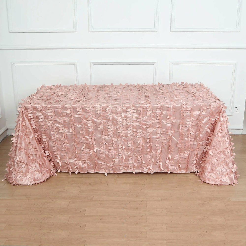 Dusty Rose 3D Leaf Petal Taffeta Fabric Seamless Rectangle Tablecloth 90″x156″ for 8 Foot Table With Floor-Length Drop  |   Pintuck, Crinkle & Leaf Pintuck, Crinkle & Leaf Dusty rose