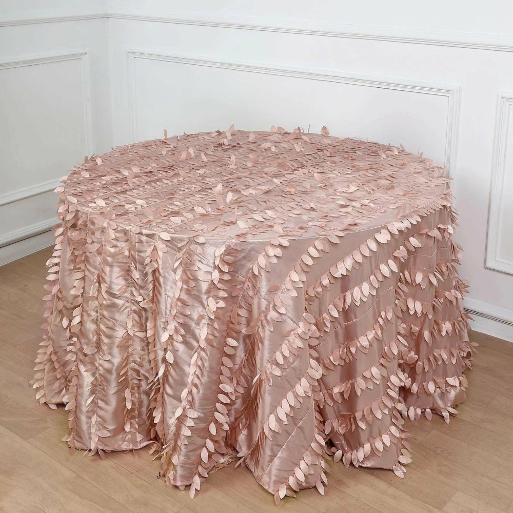 Dusty Rose 3D Leaf Petal Taffeta Fabric Seamless Round Tablecloth 120″ for 5 Foot Table With Floor-Length Drop  |   Pintuck, Crinkle & Leaf Pintuck, Crinkle & Leaf Dusty rose