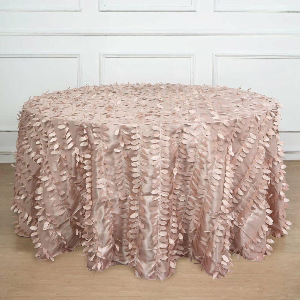 Dusty Rose 3D Leaf Petal Taffeta Fabric Seamless Round Tablecloth 132″ for 6 Foot Table With Floor-Length Drop  |   Pintuck, Crinkle & Leaf Pintuck, Crinkle & Leaf Dusty rose