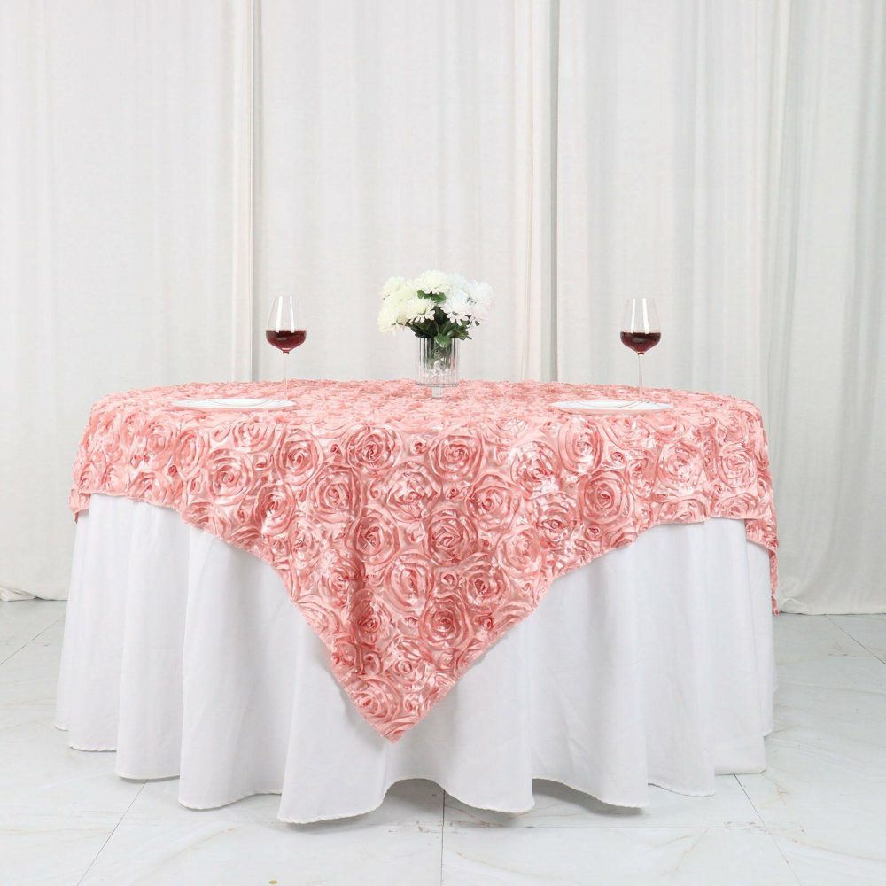 Dusty Rose 3D Rosette Satin Table Overlay, Square Tablecloth Topper 72″x72″  |   Satin & Taffeta Satin & Taffeta Dusty rose