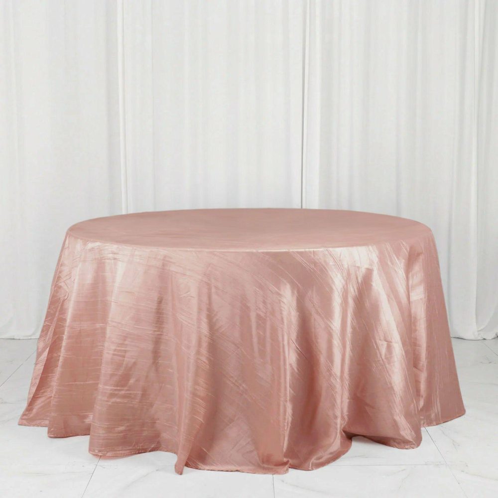 Dusty Rose Accordion Crinkle Taffeta Seamless Round Tablecloth 132″ for 6 Foot Table With Floor-Length Drop  |   Pintuck, Crinkle & Leaf Pintuck, Crinkle & Leaf Dusty rose