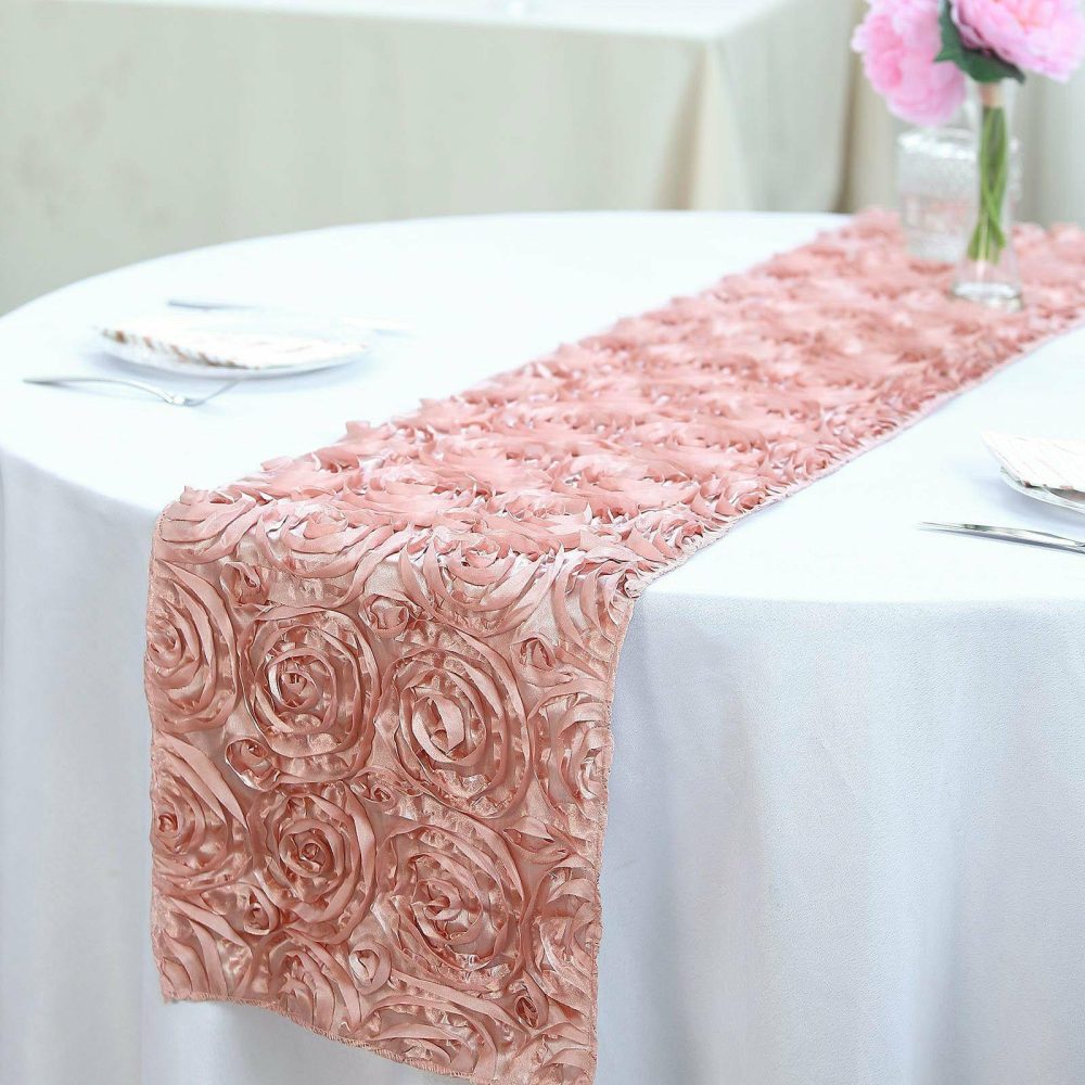 Dusty Rose Grandiose Rosette Satin Table Runner 14″x108″  |   Satin & Taffeta Satin & Taffeta Dusty rose