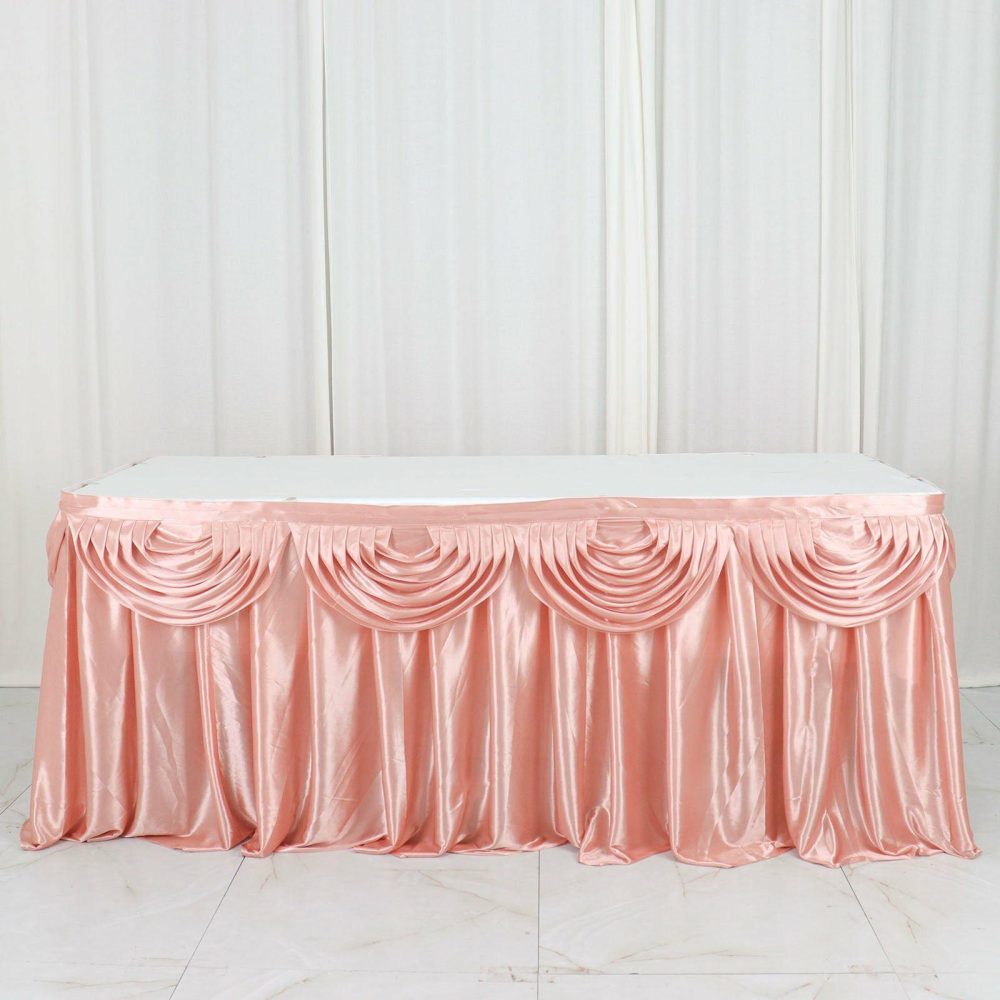 Dusty Rose Pleated Satin Double Drape Table Skirt 14ft  |   Satin Shimmer Satin Shimmer Dusty rose