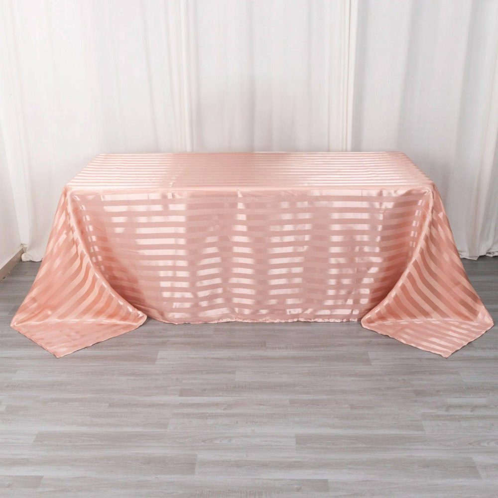 Dusty Rose Satin Stripe Seamless Rectangular Tablecloth 90″x132″ for 6 Foot Table With Floor-Length Drop  |   Satin Satin Dusty rose