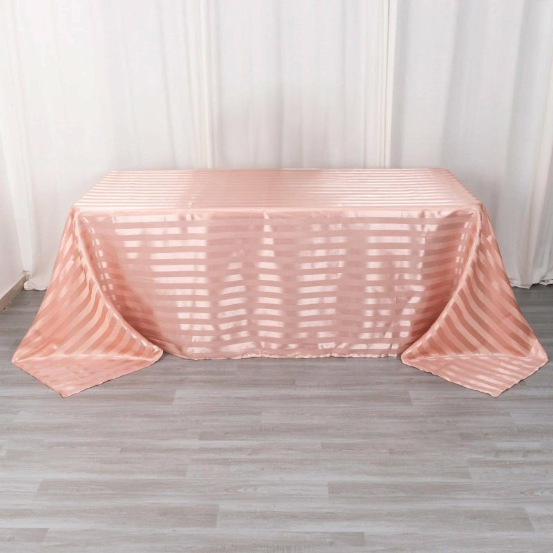 Dusty Rose Satin Stripe Seamless Rectangular Tablecloth 90″x132″ for 6 Foot Table With Floor-Length Drop  |   Satin Satin Dusty rose