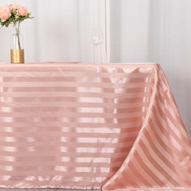 Dusty Rose Satin Stripe Seamless Rectangular Tablecloth 90″x132″ for 6 Foot Table With Floor-Length Drop  |   Satin Satin Dusty rose