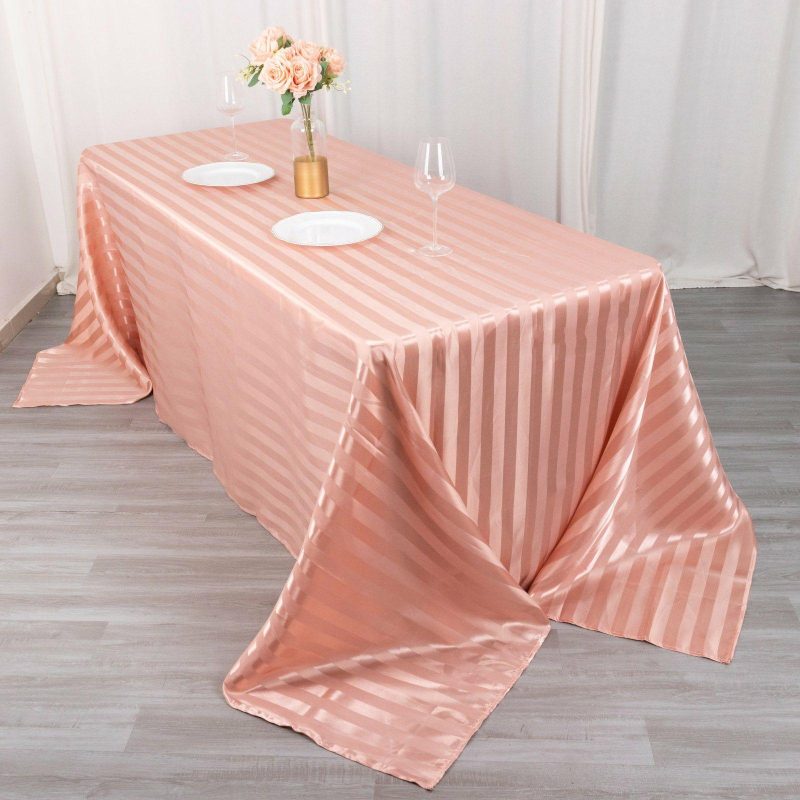 Dusty Rose Satin Stripe Seamless Rectangular Tablecloth 90″x132″ for 6 Foot Table With Floor-Length Drop  |   Satin Satin Dusty rose