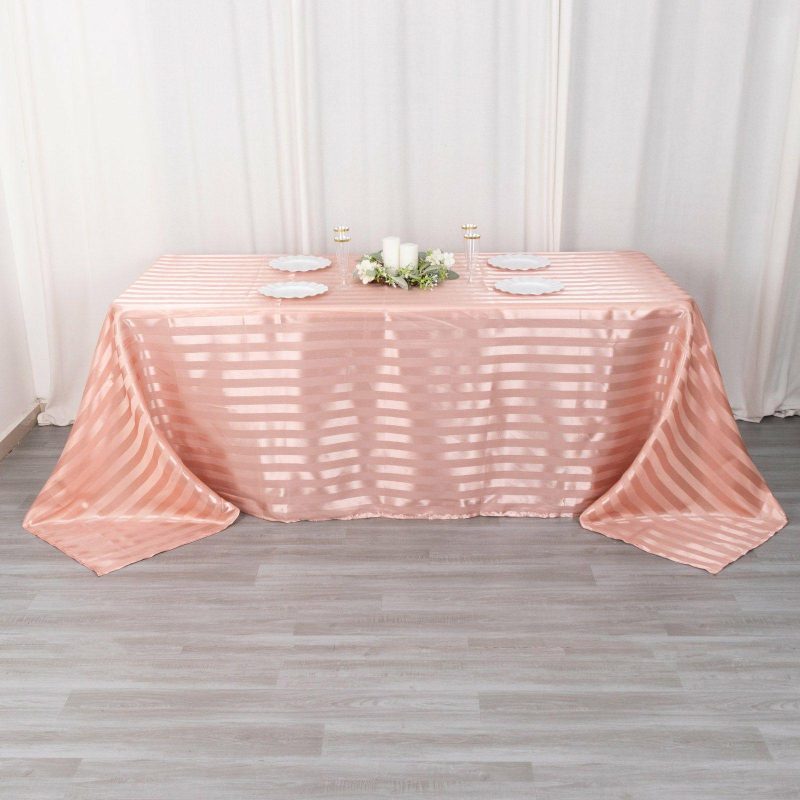 Dusty Rose Satin Stripe Seamless Rectangular Tablecloth 90″x132″ for 6 Foot Table With Floor-Length Drop  |   Satin Satin Dusty rose